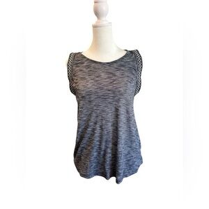 Small W5 Anthropologie boho ikat trim tank top navy grey shirt top trim western